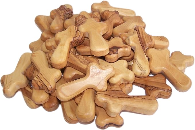 Holy Land Market Olive Wood Crosses - 25 Small 2.5" Pocket Palm Crucifix | Handmade Jerusalem Crosses with Certificates & Lord Prayer Card | Meditation & Prayer Crosses Holy Land Olive Wood Cross x25