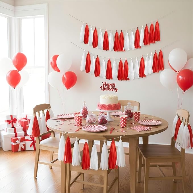20Pcs Red and White Paper Tassel Garland,Tissue Tassel Banner for Baby Shower Wedding Valentine's Day Engagement Birthday Party Decorations