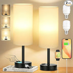 PartageiZ White Bedroom Lamps Set of 2-3 Way Dimmable Touch Table Lamps with USB C and A Ports, Bedside Lamps for Nightstand with AC Outlet, Small Desk Lamps with Black Base for Office Hotel