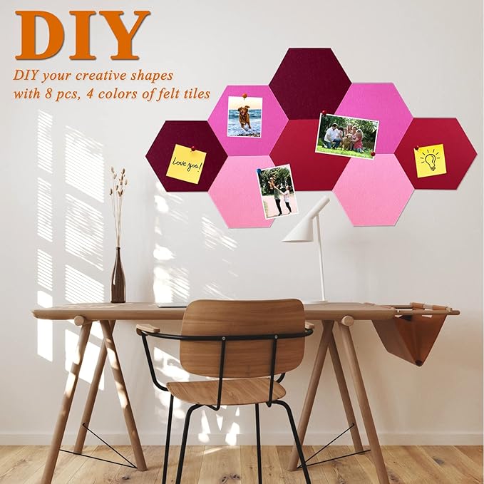 8Pcs Hexagon Felt Cork Board Tiles, Self Adhesive DIY Bulletin Board Pin Board for Office School Home Wall Decor Stickers Memos Photos Display (Gradual Red)