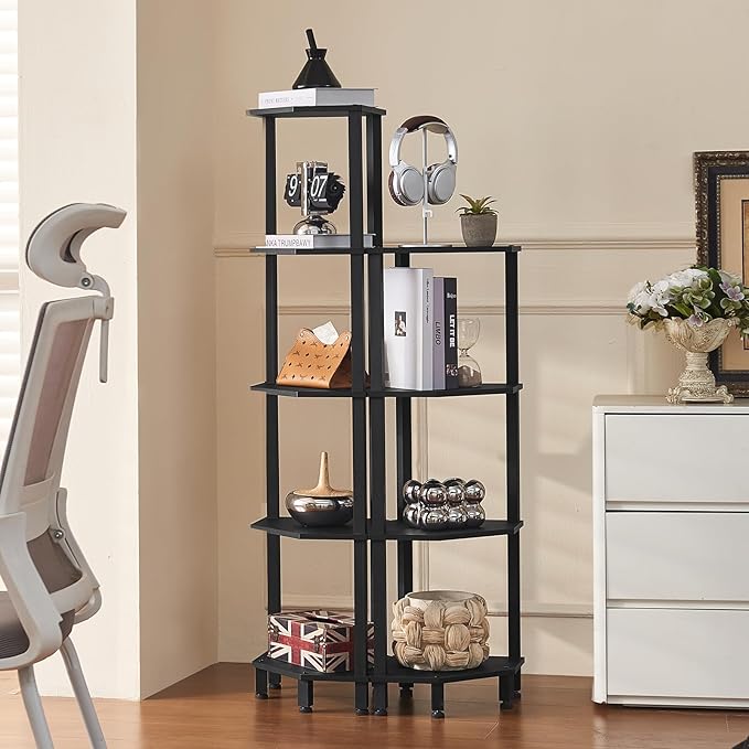 YUFAM 4-Tier Corner Shelf with Sturdy 5-Leg Base, Wooden Corner Bookshelf for Small Spaces, Corner Standing Shelf for Living Room, Bedroom, Office, Black