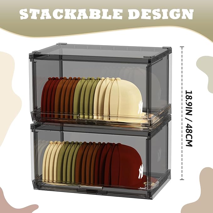 2 Pack Large Hat Organizer Box, Stackable Clear Baseball Caps Holder Box Containers with Sliding Door for Hats Snapback Cap Storag, Hat Rack Display Case, Holds 20 Hats Each -Black
