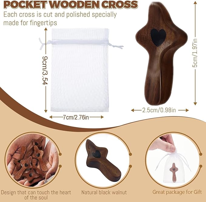 zyphonic Pocket Wooden Cross, Black Walnut with Heart Design, Religious Comfort Gift with Organza Bags Christian Encouragement Gift Handheld Stress Relief (25)
