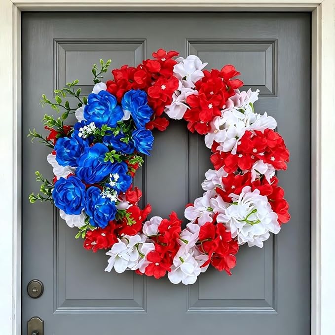 4th of July Decorations Outdoor Patriotic Wreaths for Front Door 250th Anniversary Decorations Red White and Blue American Flag Wreath (American Flag Sunflower A)