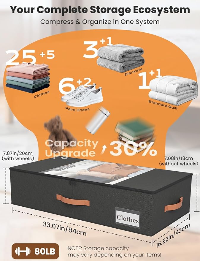 2-Pack Under Bed Storage Bins with Wheels and 6 Vacuum Seal Bags, Heavy Duty 80lbs Capacity, 65L Clear Lid Organizer for Dorm Bedroom Clothes Shoes Toys, Quick Assembly Space Saver (Black, 7.9'' PLUS)