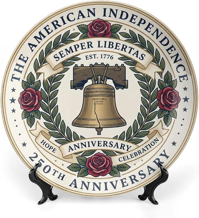 250th Anniversary Decorative Plates 10 Inch Vintage Liberty Bell Patriotic Decorations Commemorative Plates with Stand Memorial Day 4th of July Veterans Day Home & Office