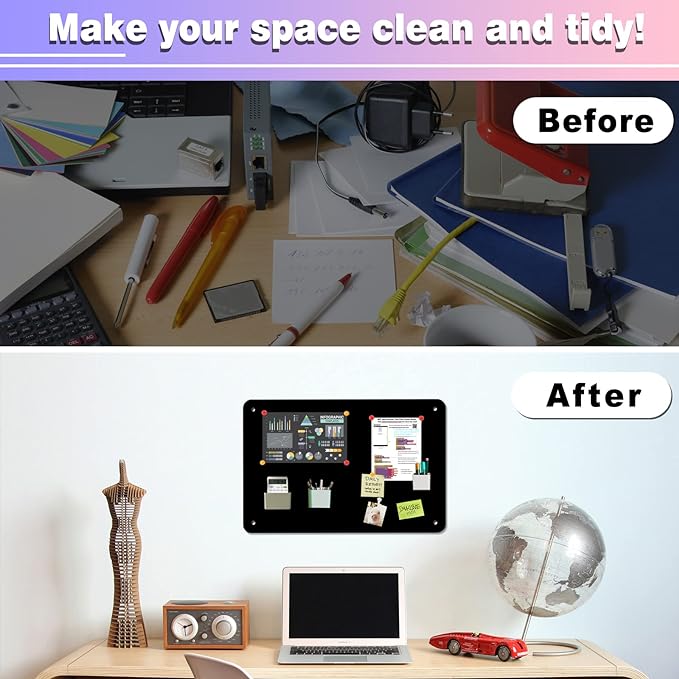 Black Magnetic Board,17.5" x 11.4" Magnet Bulletin Board to Display Magnetic Notes, Poetry, Photos, Suitable for Wall, Refrigerator, Cabinet etc, Come with 4 Pcs Dual Lock Tape and Screws