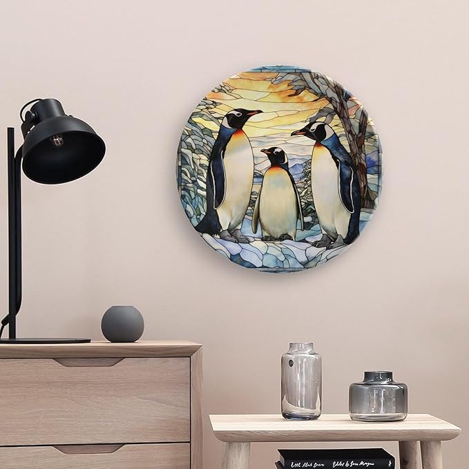 Penguins Family Snowy Forest Stained Glass Painting Decorative Plates Home Decor Ceramic Plates, Dinner Plates Display for Kitchen, Hallway Console Side Table, Presents for Penguin Lovers, 10 Inch