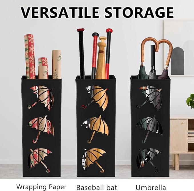 Metal Umbrella Holder Square Umbrella Stand Rack for Entryway Freestanding Rain Collection Umbrella Organizer Heavy Canes Walking Sticks Stand Rack for Indoor Home Office, 6.4" x 6.4" x 16.3", Black