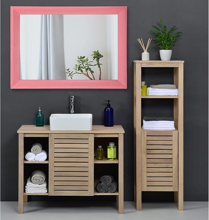 AAZZKANG Rectangle Mirror with Wood Frame Modern Farmhouse Wall Mirrors Decor Large 26"x18" for Bedroom Bathroom Living Room Pink