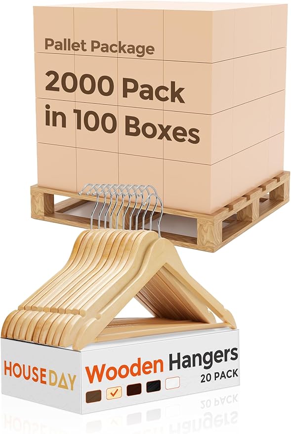HOUSE DAY Bulk Wooden Hangers 2000 Pack（100 Cases, 20 Pack/Case）, Solid Wood Hanger with Non Slip Pant Bar, Heavy Duty Wooden Coat Hanger for Closet, Smooth Wood Clothes Hangers for Shirts, Natural