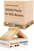 HOUSE DAY Bulk Wooden Hangers 2000 Pack（100 Cases, 20 Pack/Case）, Solid Wood Hanger with Non Slip Pant Bar, Heavy Duty Wooden Coat Hanger for Closet, Smooth Wood Clothes Hangers for Shirts, Natural
