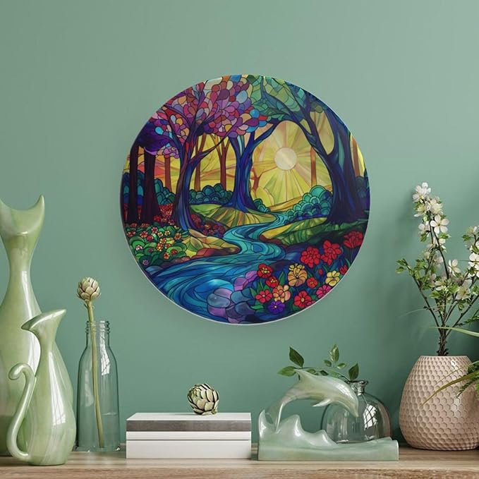 Stained Glass Theme Decorative Ceramic Plate Round Porcelain Plate,10 inch,Sunrise Forest Stream Pattern,for Decorative Ornaments Giving Plates, 1 Plate with 1 Display Stand,Multicolor