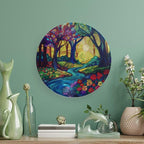 Stained Glass Theme Decorative Ceramic Plate Round Porcelain Plate,8 inch,Sunrise Forest Stream Pattern,for Decorative Ornaments Giving Plates, 1 Plate with 1 Display Stand,Multicolor