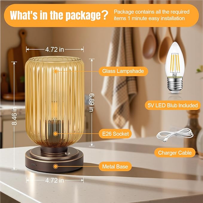 LigthRound Touch Table Lamp for Bedroom, Cordless Bedside Small Table Lamp, Dimmable Rechargeable Battery Operated Lamp for Nightstand, Bedside, Living Room, Desk, LED Bulb Included