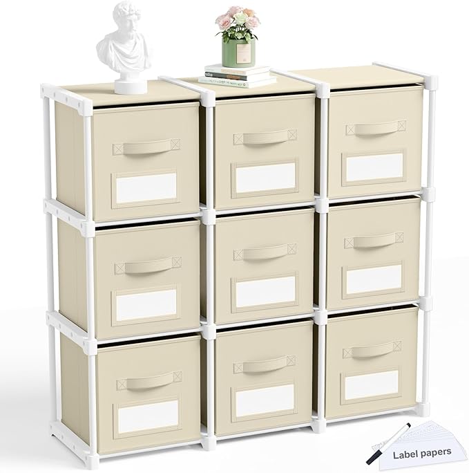 Geelin 9 Cube Storage Organizer with Fabric Bins and Labels 11 Inch, Fabric Collapsible Cubby Clothes Storage Drawer Dresser for Bedroom Living Room Office Organization