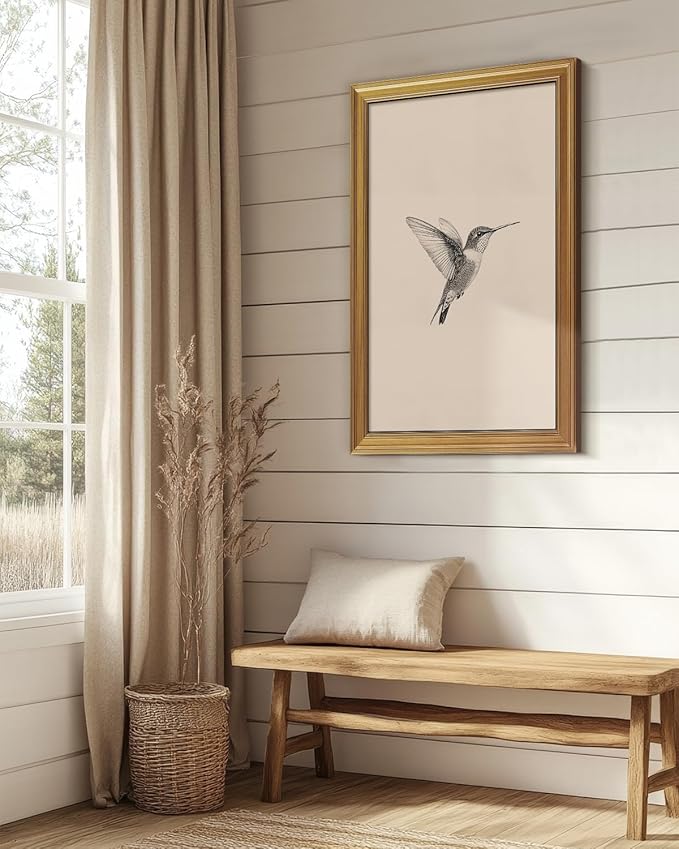 VIYYIEA Vintage Gold Framed Wall Art for Living Room, Birds Canvas Prints Home Decor, Sketch Painting Picture, Bedroom Wall Decor Gifts for Friends or Family -【Hummingbird】-(36L x 24W)