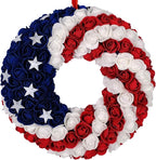 idyllic July 4th Patriotic Americana Wreath Boxwood Handcrafted Memorial Day Wreath Festival Garland Decoration Front Door Wall Home Decor (Blue)