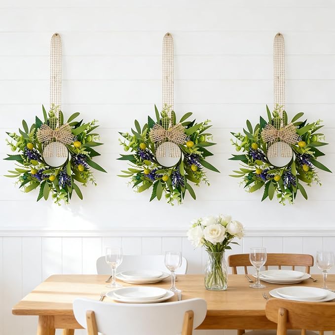 4 PCS Green Eucalyptus Olive Swag Wreaths for Pillars Spring Summer Greenery Kitchen Cabinet Wreaths Mini Green Boxwood Leaves Wreath with Ribbon for Front Door Porch Wall Window Farmhouse Decoration
