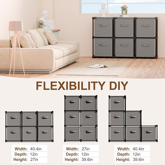 6 Cube Storage Organizer with Shelf Back to School Boxes 11 Inch Toy Storage Bins Closet Organizers Drawers Fabric Dresser for Playroom Books Bedroom Dorm Kitchen (Grey)