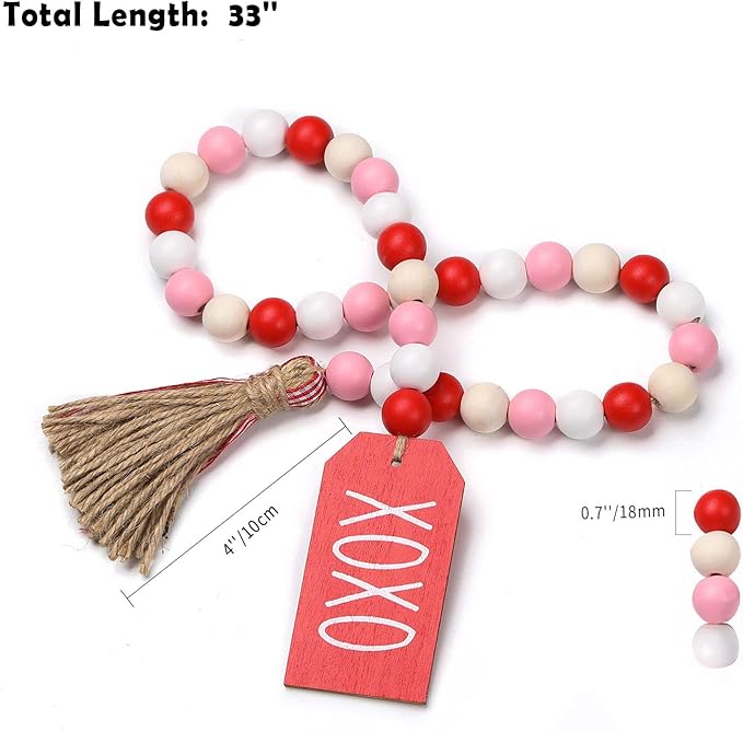 Valentine’s Day Wood Bead Garland with Tassels and XOXO Wooden Embellishments Rustic Farmhouse Tiered Tray Wedding Decorations Home Decor (Red & White XOXO)