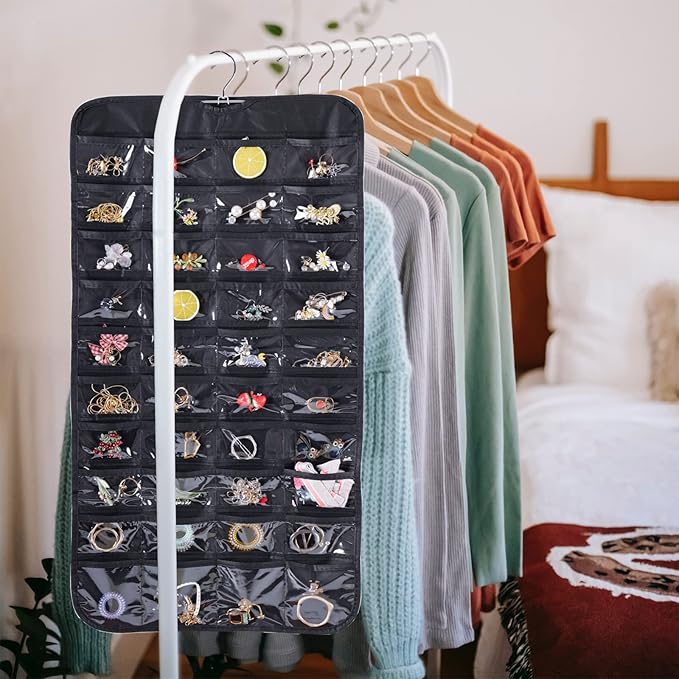 Bloss Hanging Jewelry Organizer and storage for Closet With 80 Pockets,Earring Organizer Hanging Holder Storage for Women Gift,Jewelry Organizer for Closet, Wall, Door-Black
