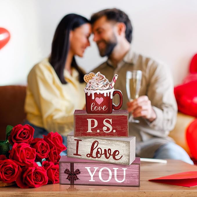 Lineshading 4 Pcs Valentine's Day Table Decoration Wooden Ice Cream Cup Valentine Tiered Tray Decor Valentine Centerpiece Red White and Pink I Love You Valentines Decor for Home Kitchen Coffee Bar
