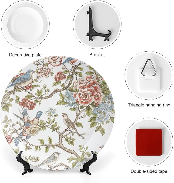 Fashion Plates Chinoiserie Tree Peony Bird Floral Personalized Decor for Office Wall Table Display Hanging Decorative Tiles Including Bracket And Special Hook, Multi Sizes, Gifts for Men Women