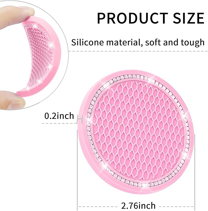 COCASES Car Coasters, 4 Pack Universal Vehicle Bling Car Coaster, Rhinestone Coaster for Cup Holders, Car Interior Accessories 2.75'' Silicone Car Coasters for Women(Pink, Pink Crystal Circle)