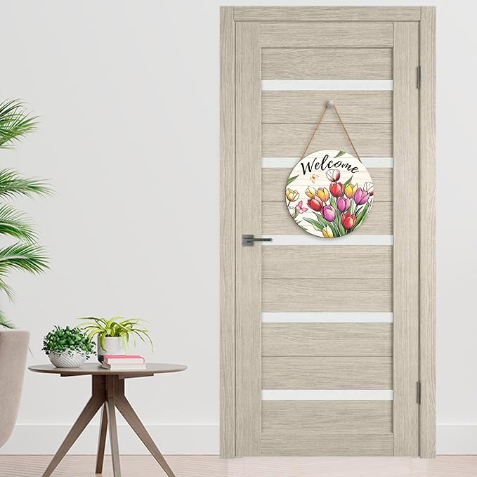 Spring Summer Welcome Sign for Front Door Decor Spring Flower Wall Hanging Sign Spring Decorations Floral Wooden Wreath Farmhouse Door Hanger Sign for Spring Summer Party Indoor Outdoor Decor 12 Inch