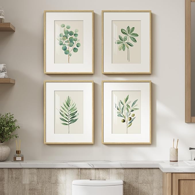 Framed Sage Green Botanical Wall Art for Bathroom, 4 Piece Farmhouse Minimalist Plant Artwork for Walls, Boho Green White Leaf Pictures Prints for Bedroom Kitchen Living Room Wall Decor, 11x14 Inch
