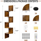 HAAYOT Corner Shelf Wall Mounted: 5-Tier Floating Shelves with Lights for Bedroom, Living Room, Home Office, Rustic Brown