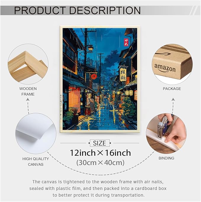 Japanese Tokyo Tea House Framed Canvas Wall Art Japanese City Street Cafe Scene Picture Print Modern Ukiyo-e Decor Poster for Japanese Home Bedroom Decorations Artwork12x16in