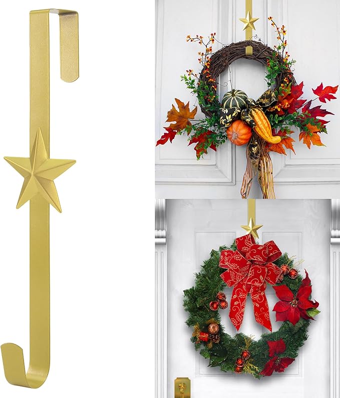 Wreath Hangers for Front Door,15" Sturdy Metal Wreath Doors Hangers,Over The Door Hooks for Front Porch Decor,Garland Hooks Holders for Halloween Christmas Decorations (Gold Star, 1 Pack)