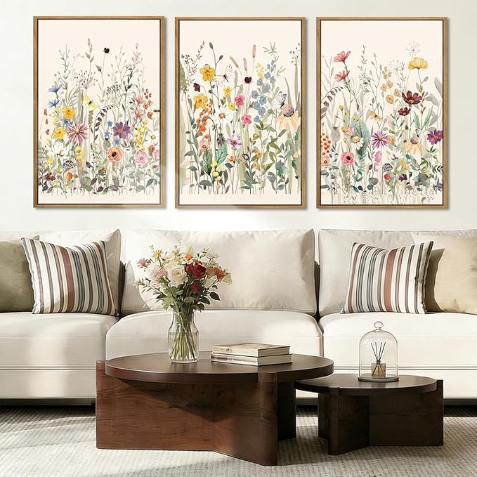 BINCUE Large Framed Floral Canvas Wall Art Colorful Wildflower Pictures Wall Decor Wildflower Artwork Flowers Pictures Floral Home Decor for Living Room Bedroom Office Farmhouse 16x24 Inches Set of 3 Gift