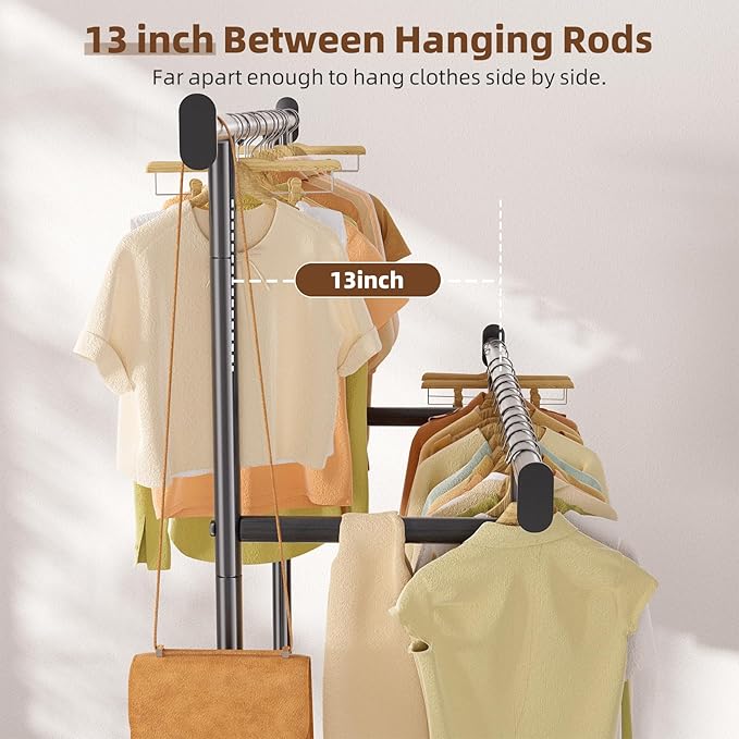 Simple Trending Clothes Rack, Double Rods Clothing Rack for Hanging Clothes, Metal Garment Rack with Rolling Wheels, Portable Wardrobe Closet Rack for Coat, Bedroom, Laundry, Black