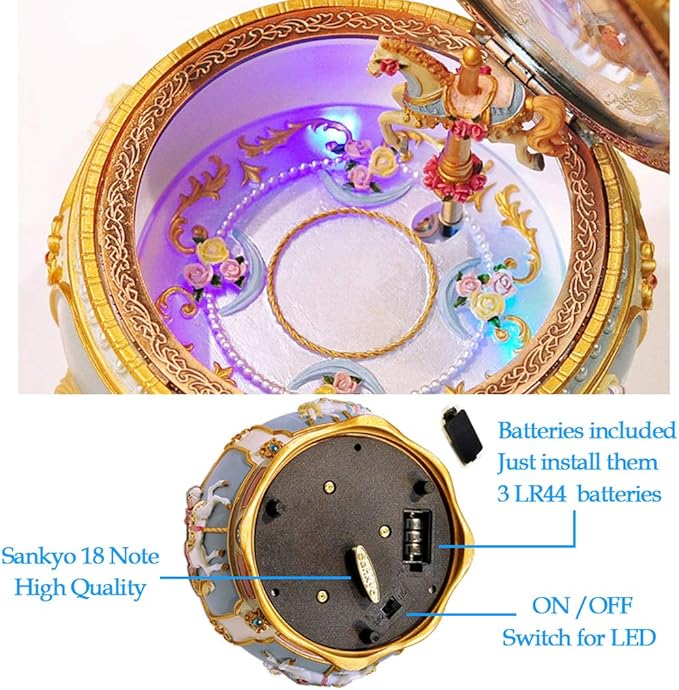 Briskfeel Classical Carousel Horse Music Box LED lights Twinkling Resin Carved Collectible Mechanical Musical Box with Sankyo 18-Note Horse Rotates with Music