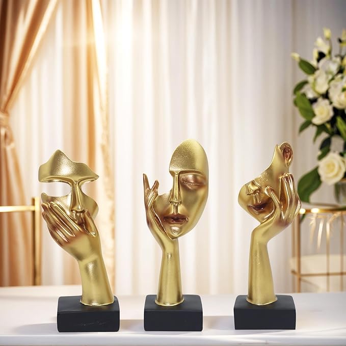 aboxoo 3 Pcs Thinker Statue, No Hear No See No Speak Modern Resin Sculptures Decor, Silence is Gold Abstract Art Figurines for Living Room, Home, Office Study (Gold)
