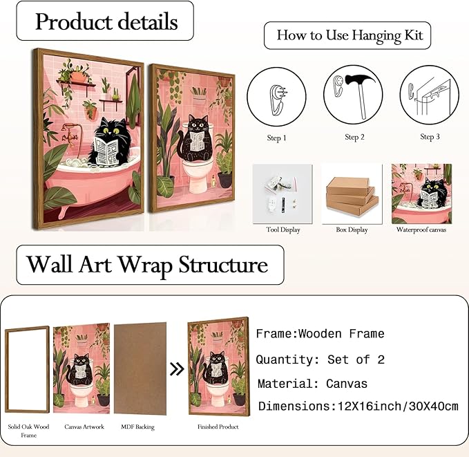Framed Funny Bathroom Black Cat Canvas Wall Art Set of 2, Cute Cat Reading Newspaper on Toilet Pictures Wall Decor, Humor Animal in Bathtub Paintings Prints for Restroom 12x16 inch