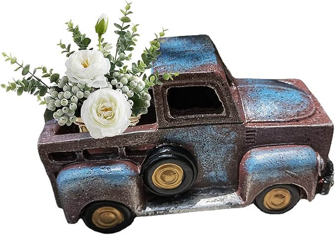 Creative Small Truck Flower Pot, Home Decor Collectible Vehicles Vintage Mini Car Statue Farmhouse Truck Decor Table Top Decor Little Blue Truck for Props Gifts