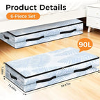 6 Pack Under Bed Storage Bags, 90L Foldable Clear Storage Containers with Handles, Dual Zippers for Comforter, Clothes, Bedding, Linen Sheets, Sweaters, Blanket Storage