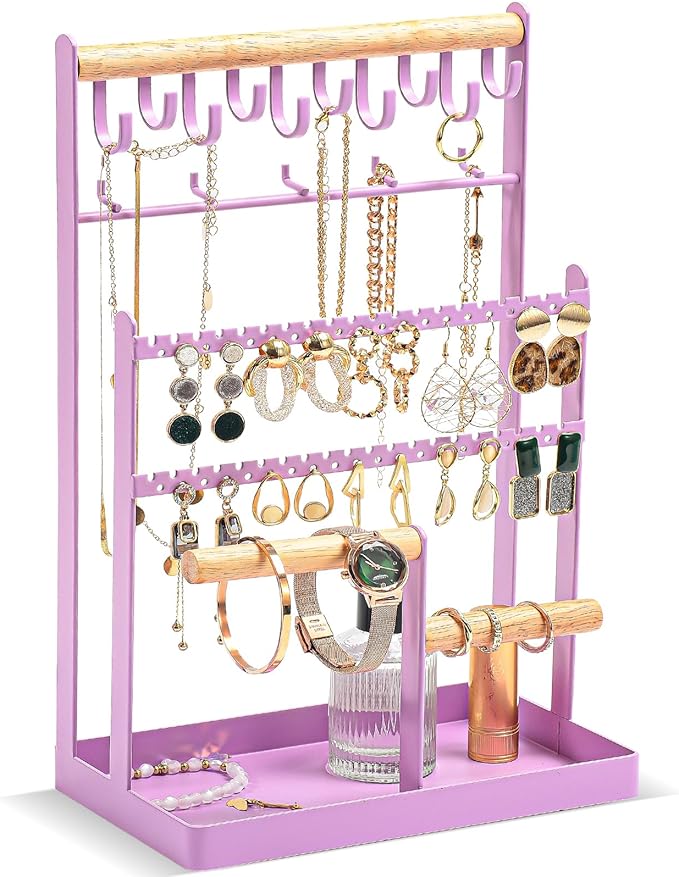 ProCase Jewelry Organizer Stand Necklace Organizer Earring Holder, 6 Tier Jewelry Stand Necklace Holder with 15 Hooks, Jewelry Tower Display Rack Storage Tree for Bracelets Earrings Rings -Purple