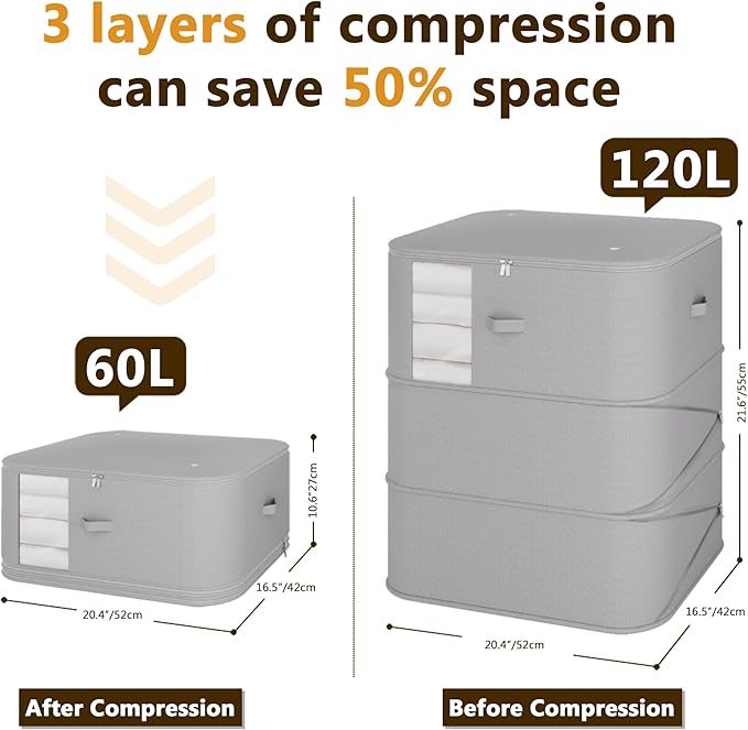 3-Layer Compressible with Zippers Blanket & Comforter Storage Bag,Ultra Space Saving Self Compression Organizer，Save 50% Space, 4 PCS，Gray