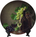 Decorative Plates, 6 Inch, Grapes And Wine On Wooden Table Round Display Plate, Decorative Plates with Stand, Ceramic Craft for Wall Hanging Decorative
