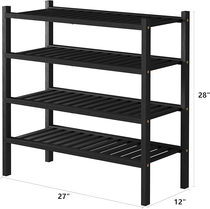 4 Tier (Thick) Bamboo Shoe Rack for Closet Free Standing Wood Shoe Shelf for Entryway Small Space Stackable 27"x12"x28" (Blackl)