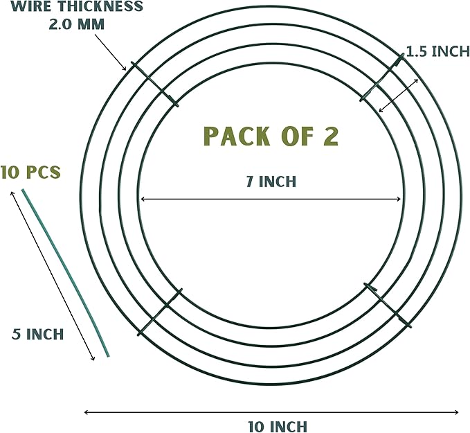 2-Pack 10 Inch Wire Wreath Frame – Round Metal Wreath Form with Ring Design for DIY Crafts, Floral Projects, and Home Decor – Dark Green Wire Frame
