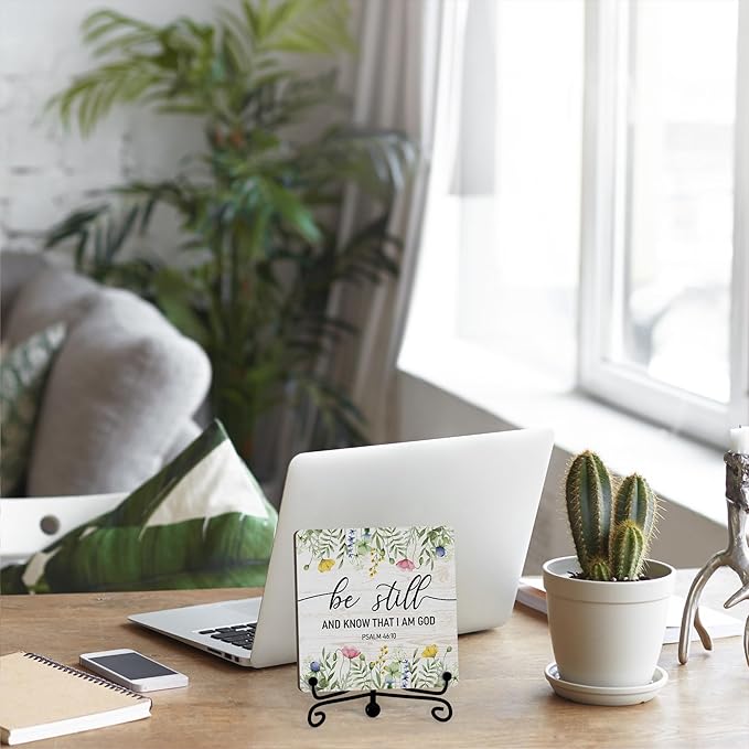 Inspirational Christian Desk Decor, Be Still And Know That I Am God Wildflower Sign, Desk Decorations For Office Home Living Room Bathroom, Eucalyptus Shelf Decor, Wooden Plaque With Stand (08)