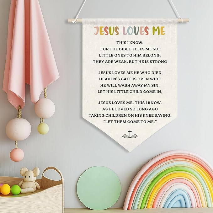 Jesus Loves Me Canvas Wall Hanging Banner for Kids,Christian Bible Verse Poster with Wood Rod, Nursery Sunday School Decor, Religious Gift for Baby or Toddler, 11x16 Inch (KD11)