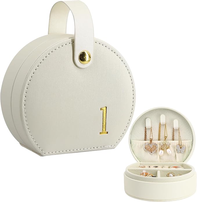 COLLECTIVE HOME - Travel Jewelry Case, Elegant Half-Moon Design with Gold Monogram, Detachable Handle, Personalized Accessory Organizer, Gift for Fashion-Forward Women and Teens (l)