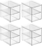 mDesign Stackable Storage Containers Box with 2 Pull-Out Drawers - Stacking Plastic Drawer Bins for Closet Organization, Linen, Coat, Bedroom or Entryway Closets - Lumiere Collection - 4 Pack, Clear